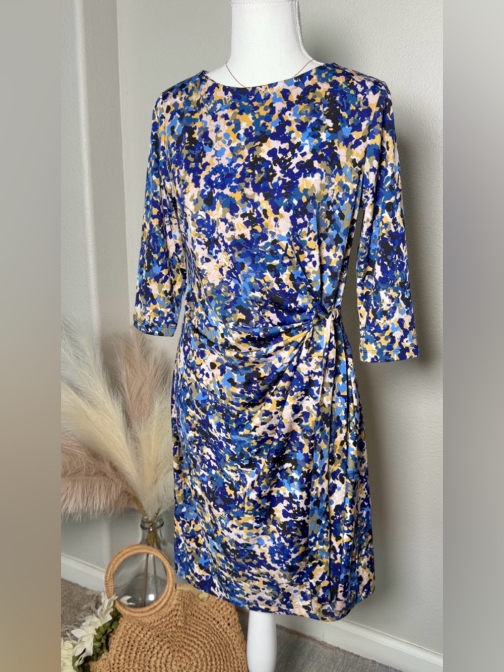Women’s Sophisticated Modest Blue Multi-Print Tie-Waist Dress